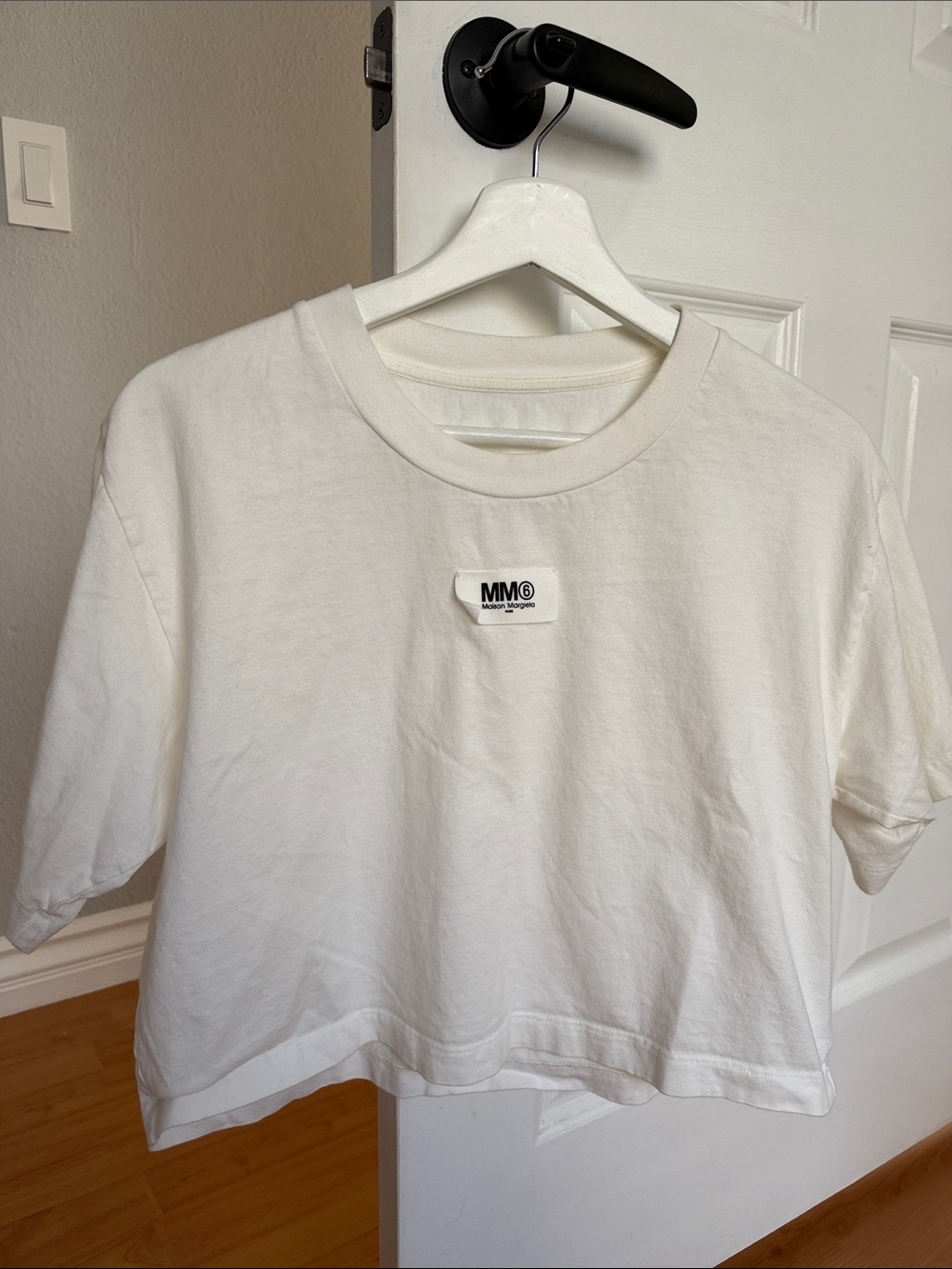 MM6 Maison Martin Margiela White Cropped Tee with Chest Logo Patch